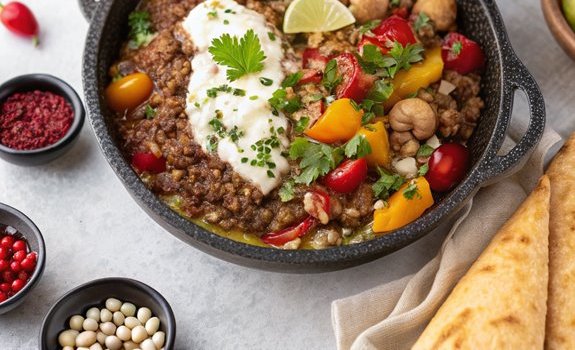 lebanese lamb mince fatteh with yogurt sauce